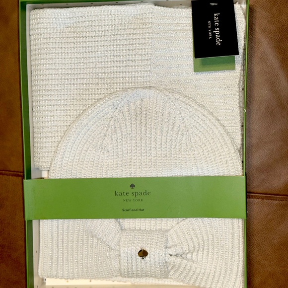 Brande New Kate Spade Sparkling French Cream White Scarf & Hat Set